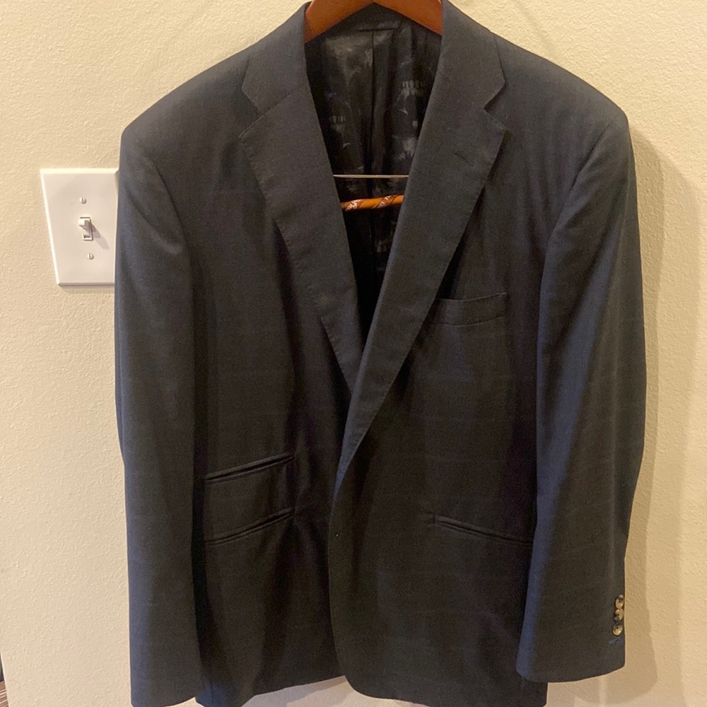 Tom James Custom Sportcoat- Charcoal and Blue Windowpane- Size 42 Chest
